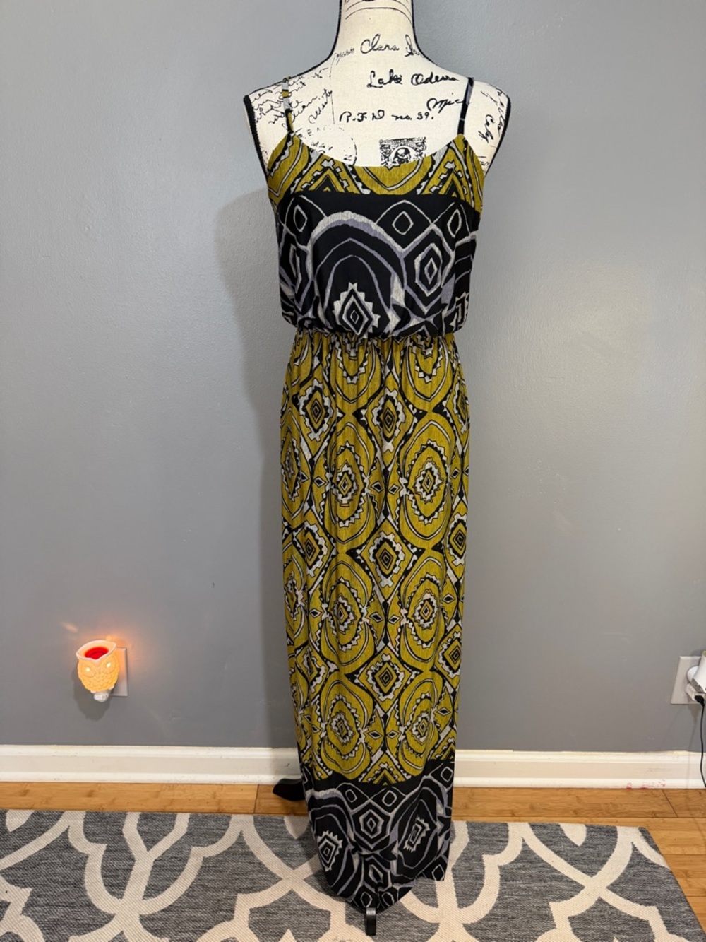 Spaghetti-Strap Printed Maxi Dress in Olive & Black